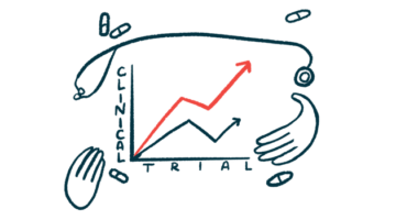 Two hands, a stethoscope, and a handful of oral medications surround a graph labeled 'CLINICAL TRIAL' that shows positively trending results.