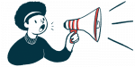 A woman speaks with a megaphone in this announcement illustration.