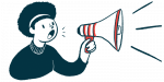 In this announcement illustration, a woman is speaking into a megaphone.