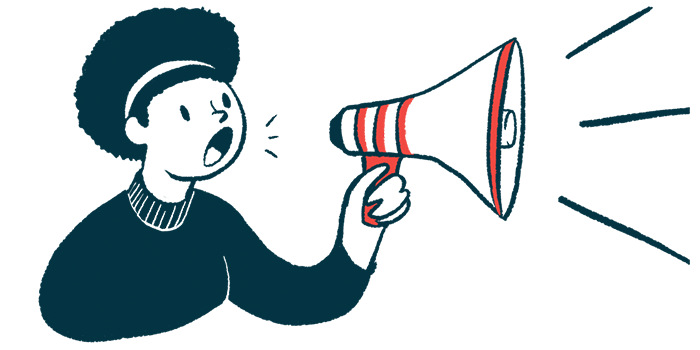 A woman speaks with a megaphone in this announcement illustration.