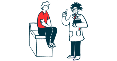 A doctor holding a clipboard with one hand gestures with the other while talking with a patient who is sitting on an examining table.