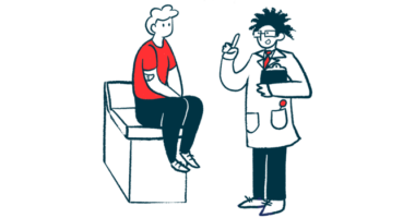 A doctor holding a clipboard with one hand gestures with the other while talking with a patient who is sitting on an examining table.
