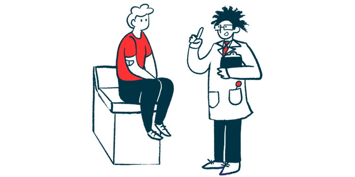A doctor holding a clipboard with one hand gestures with the other while talking with a patient who is sitting on an examining table.
