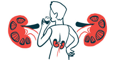 An illustration shows a person's kidneys both inside and outside the body, in a view from the back as the individual drinks from a glass.