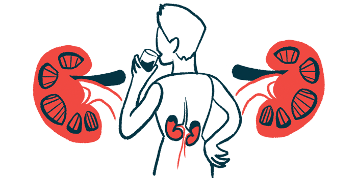 An illustration shows a person's kidneys both inside and outside the body, in a view from the back as the individual drinks from a glass.