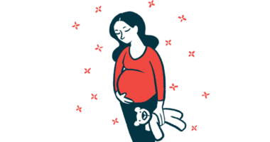 A pregnant woman is shown with her hand on her belly.