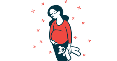 A pregnant woman is shown with her hand on her belly.