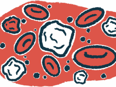 An illustration provides a close-up view of red and white blood cells.