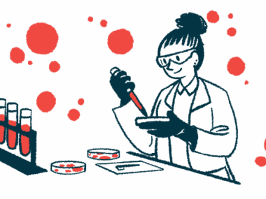 A scientist conducts tests using a petri dish in a laboratory, alongside a rack of four filled vials.