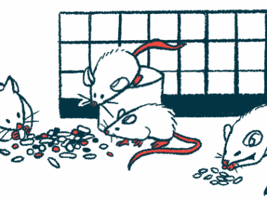 Mice are shown eating from a pile of food pellets in this illustration.