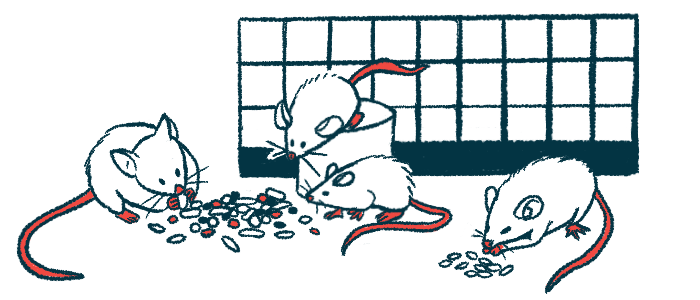 Mice are shown eating from a pile of food pellets in this illustration.