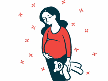 Illustration of a pregnant woman holding her stomach with one hand, and a teddy bear in the other hand.
