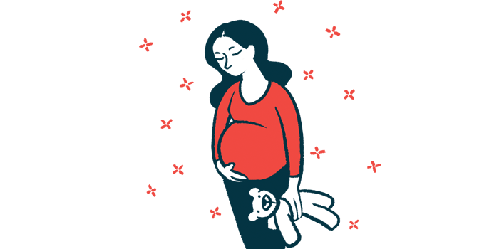 Illustration of a pregnant woman holding her stomach with one hand, and a teddy bear in the other hand.