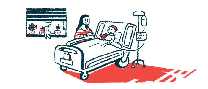 An illustration of a child in a hospital bed with adult at bedside.