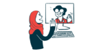 An illustration shows a person waving to a medical professional seen on a computer screen.