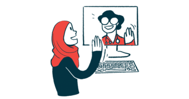 An illustration shows a person waving to a medical professional seen on a computer screen.