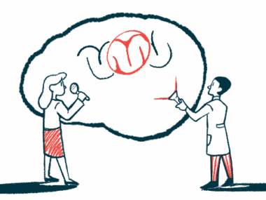 One scientist holds a flashlight up to a gigantic image of a brain while another holds up a magnifying glass.