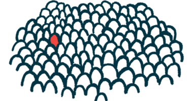 A rare disease illustration shows one red-highlighted person in a large crowd of people.