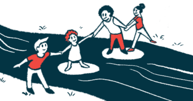 People assist each other to cross a stream in this illustration.