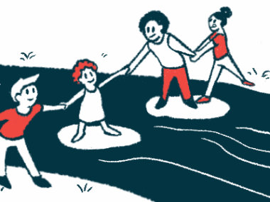 People assist each other to cross a stream in this illustration.