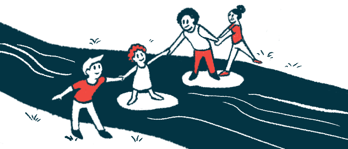 People assist each other to cross a stream in this illustration.