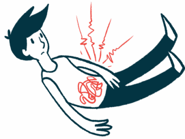 A person lies down, while red lines show they have stomach pain.