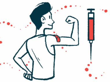 A person with a bandage on the right shoulder is shown flexing that arm alongside a giant syringe.