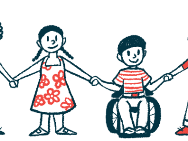 A group of children, one in a wheelchair, are shown holding hands.