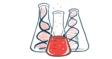 A beaker filled with a red liquid stands in front of two with DNA strands in them.