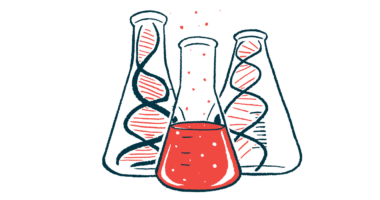 A beaker filled with a red liquid stands in front of two with DNA strands in them.