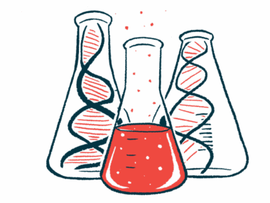 A beaker filled with a red liquid stands in front of two with DNA strands in them.