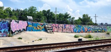 A long levee wall, covered in graffiti, has a chain-link fence above it and a wooden ladder leaning against it. There's a railroad track in the foreground, and trees and a blue sky in the background.