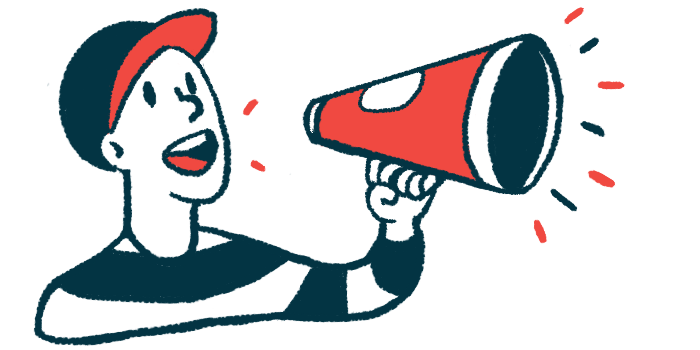 A person wearing a baseball cap speaks with a megaphone in this announcement illustration.