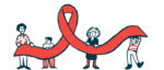 Four people hold up a large awareness ribbon.